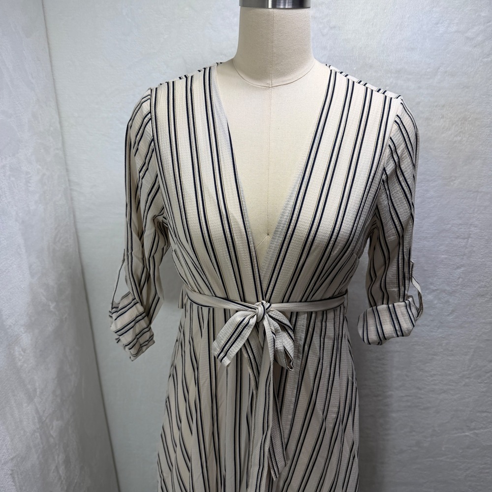 Favlux Fashion Womens M Striped V-Neck Maxi Dress Cream Navy‎ Nautical Career
